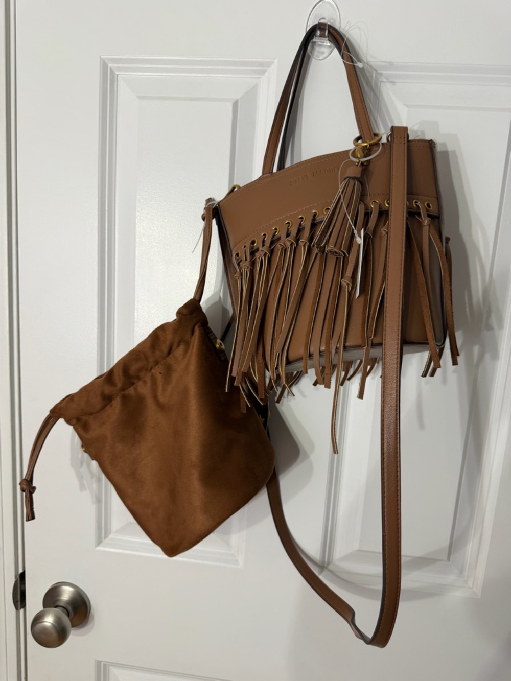 Steve Madden Tan Fringe Bucket Bag Adjustable Strap Detachable Insert Crossbody - Picture 12 of 15